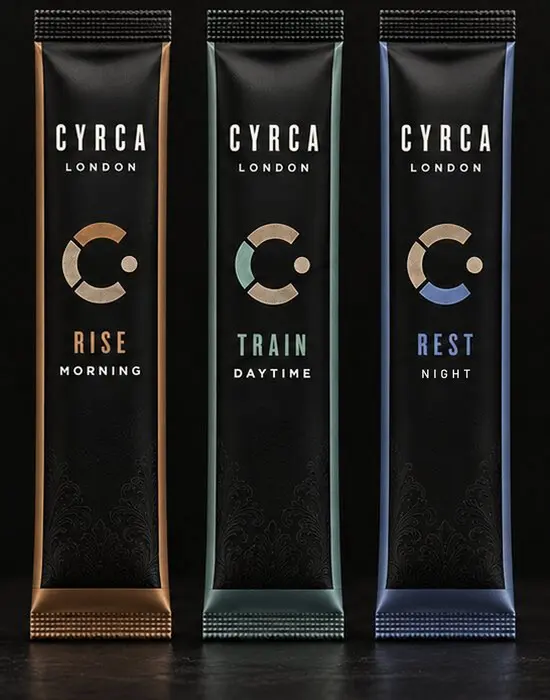 Rise, Train and Rest sachets side by side